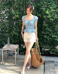 Blue Cinched Waist Puff Sleeve Top
