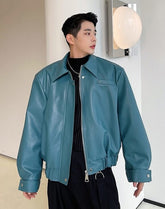 Blue Collared Faux Leather Jacket