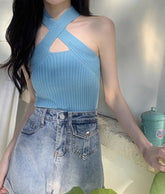 Blue Criss-Crossed Halter Top