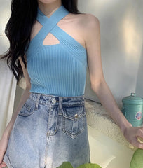 Blue Criss-Crossed Halter Top