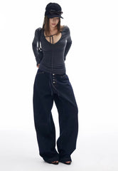 Blue Dark Wash Button Fly Baggy Jeans