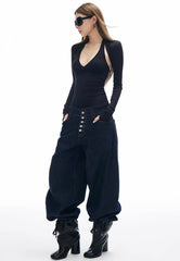 Blue Dark Wash Button Fly Baggy Jeans
