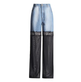 Blue Denim And Sheer Black Lace Panel Pants