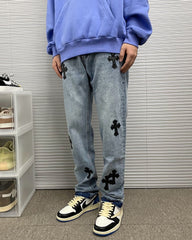 Blue Denim Jeans With Cross Patches