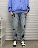 Blue Denim Jeans With Cross Patches