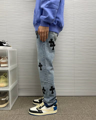 Blue Denim Jeans With Cross Patches