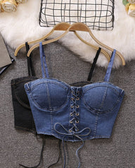 Blue Denim Lace-Up Crop Top