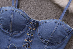 Blue Denim Lace-Up Crop Top