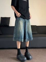 Blue Denim Patched Wide Leg Shorts
