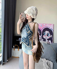 Blue Denim Star Crop Top
