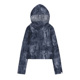 Blue Denim Style Print Hooded Top