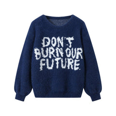 Blue “Don't Burn Our Futureâ€?Knit Sweater