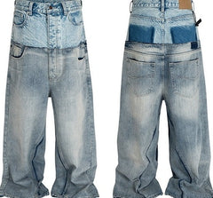Blue Double Waist Spliced Jeans