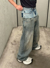 Blue Double Waist Spliced Jeans