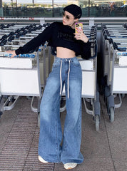 Blue Drawstring Wide Leg Jeans