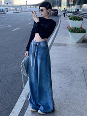 Blue Drawstring Wide Leg Jeans