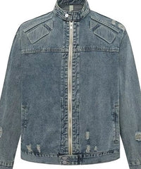 Blue Embossed Detail Distressed Denim Jacket