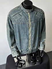 Blue Embossed Detail Distressed Denim Jacket