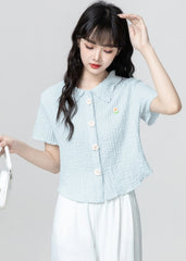 Blue Floral Embroidered Polo Collar Short Sleeve Shirt
