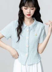 Blue Floral Embroidered Polo Collar Short Sleeve Shirt