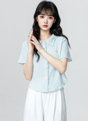 Blue Floral Embroidered Polo Collar Short Sleeve Shirt