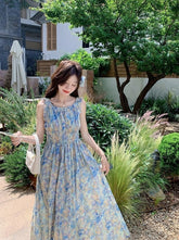 Blue Floral Ruched French Style Maxi Dress