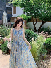 Blue Floral Ruched French Style Maxi Dress