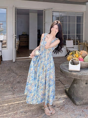 Blue Floral Ruched French Style Maxi Dress