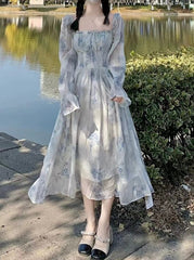 Blue Floral Square Neck Princess Dress