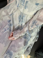 Blue Floral Square Neck Princess Dress