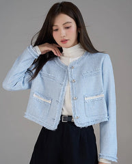 Blue Fringe Tweed Cropped Jacket