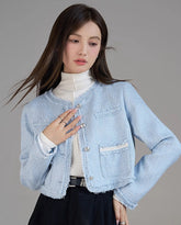Blue Fringe Tweed Cropped Jacket