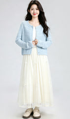 Blue Hollow Knit Cardigan Summer Cropped Cover Up