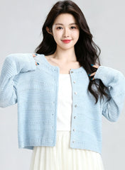 Blue Hollow Knit Cardigan Summer Cropped Cover Up