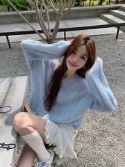 Blue Hollow Knitted Oversized Sweater