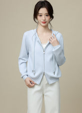 Blue Hooded Double Zip Short Cardigan Jacket
