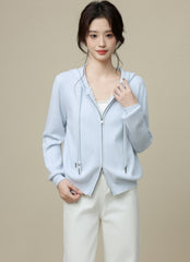Blue Hooded Double Zip Short Cardigan Jacket