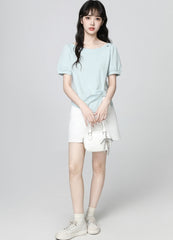 Blue Irregular Puff Sleeve Short Sleeve Top