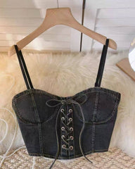 Blue Lace-Up Adjustable Bustier Denim Crop Top