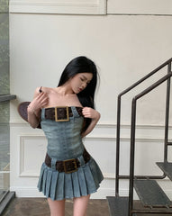 Blue Large Belt Denim Tube Dress