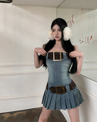 Blue Large Belt Denim Tube Dress
