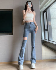 Blue Large Rip Flare Jeans