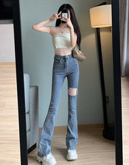 Blue Large Rip Flare Jeans
