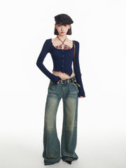 Blue Layered Long Sleeve Knit Top