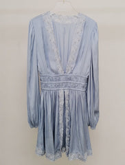 Blue Low V-Neck Satin Dress