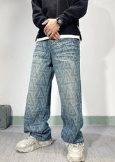 Blue Monogram Wide-Leg Jeans