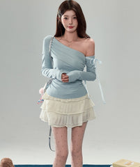 Blue Off-Shoulder Long-Sleeve Ribbon Top