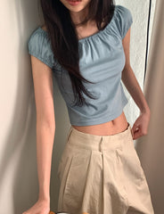 Blue Off-Shoulders Puff Sleeves Top