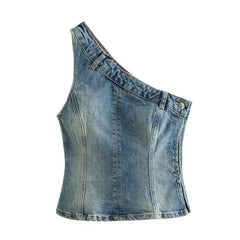 Blue One-Shoulder Denim Top