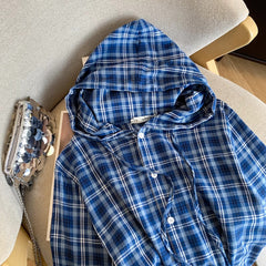 Blue Plaid Cropped Hooded Shirt